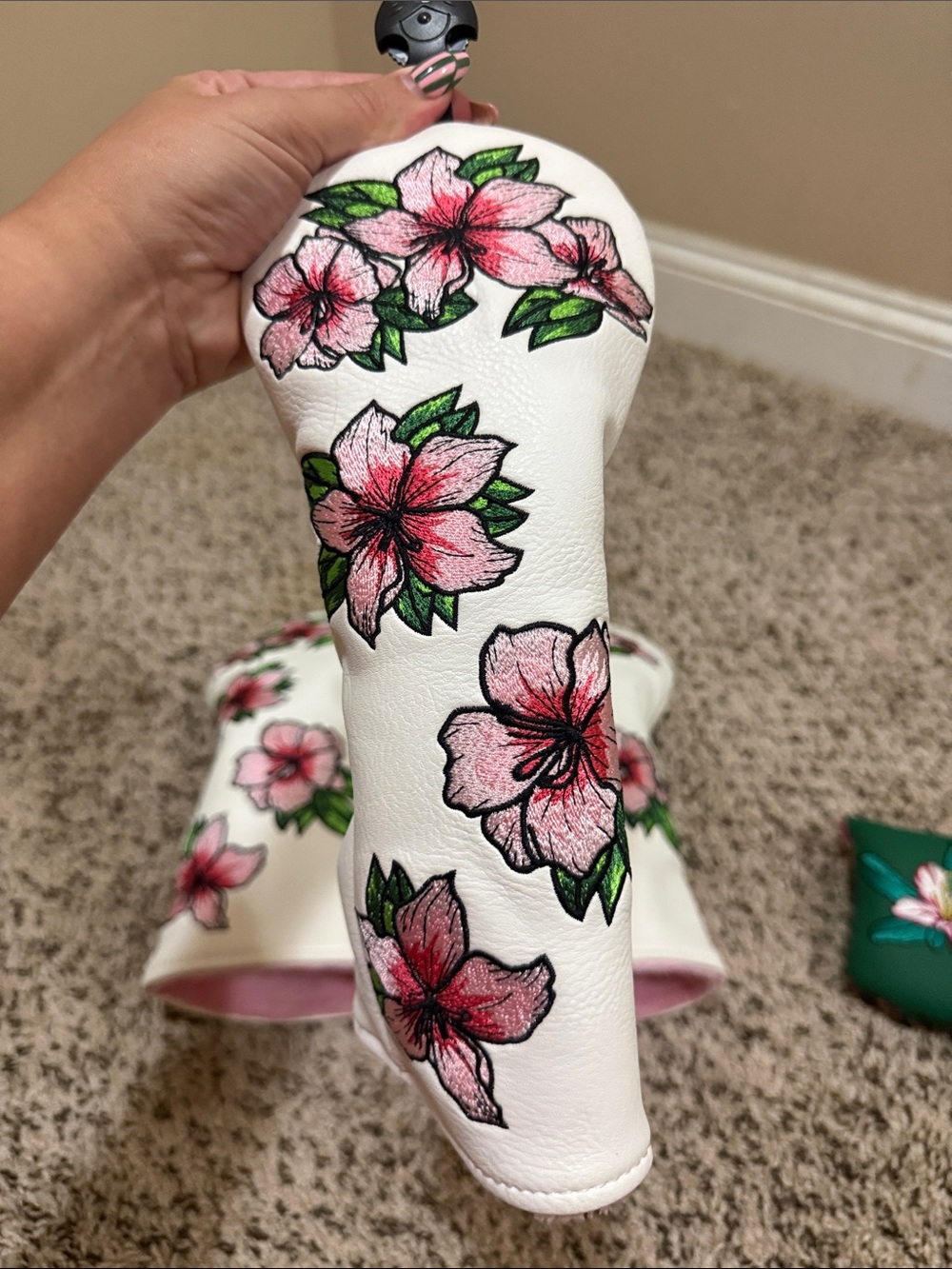 Floral Leather Golf Headcover Set with Pink Azaleas - Picture 4 of 8